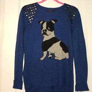 Bcbg Blue Boston Terrier Intarsia Sweater